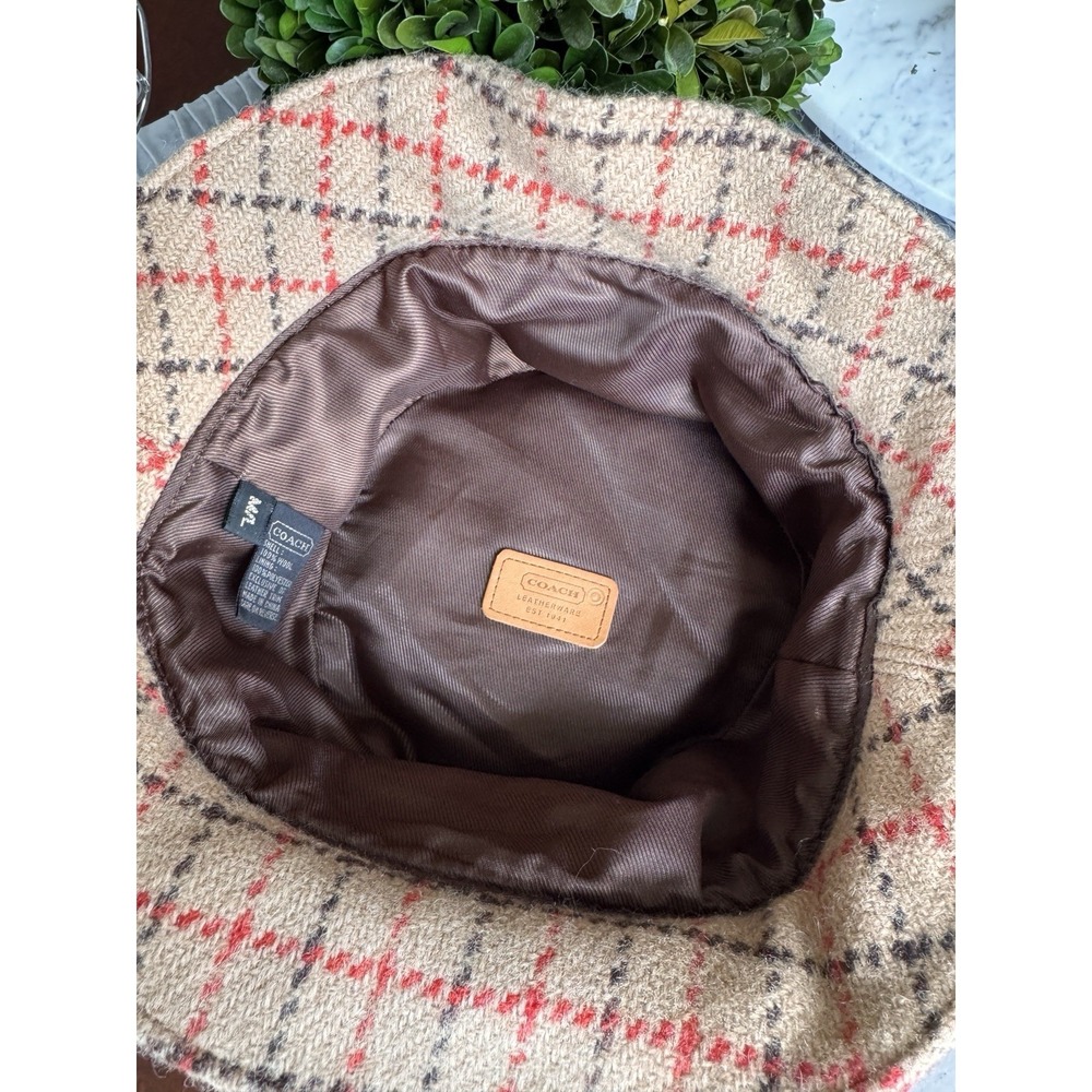 VTG. Coach Hat Tan Wool Brown Orange Plaid Leather Band Bucket Equestrian M/L - Picture 5 of 9